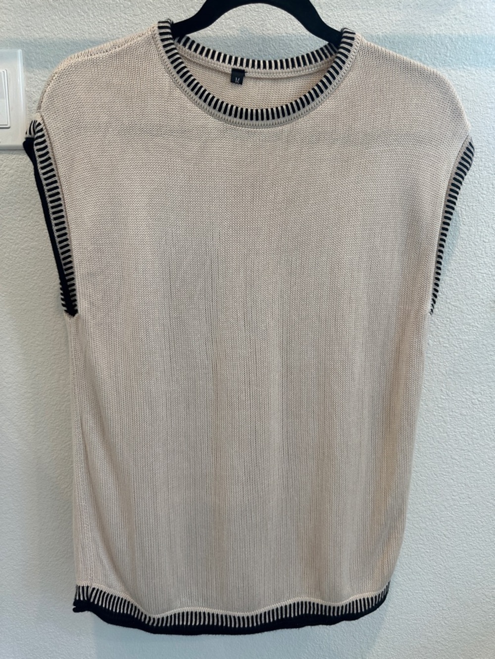 Sleeveless Knit Top in Cream with Black Trim